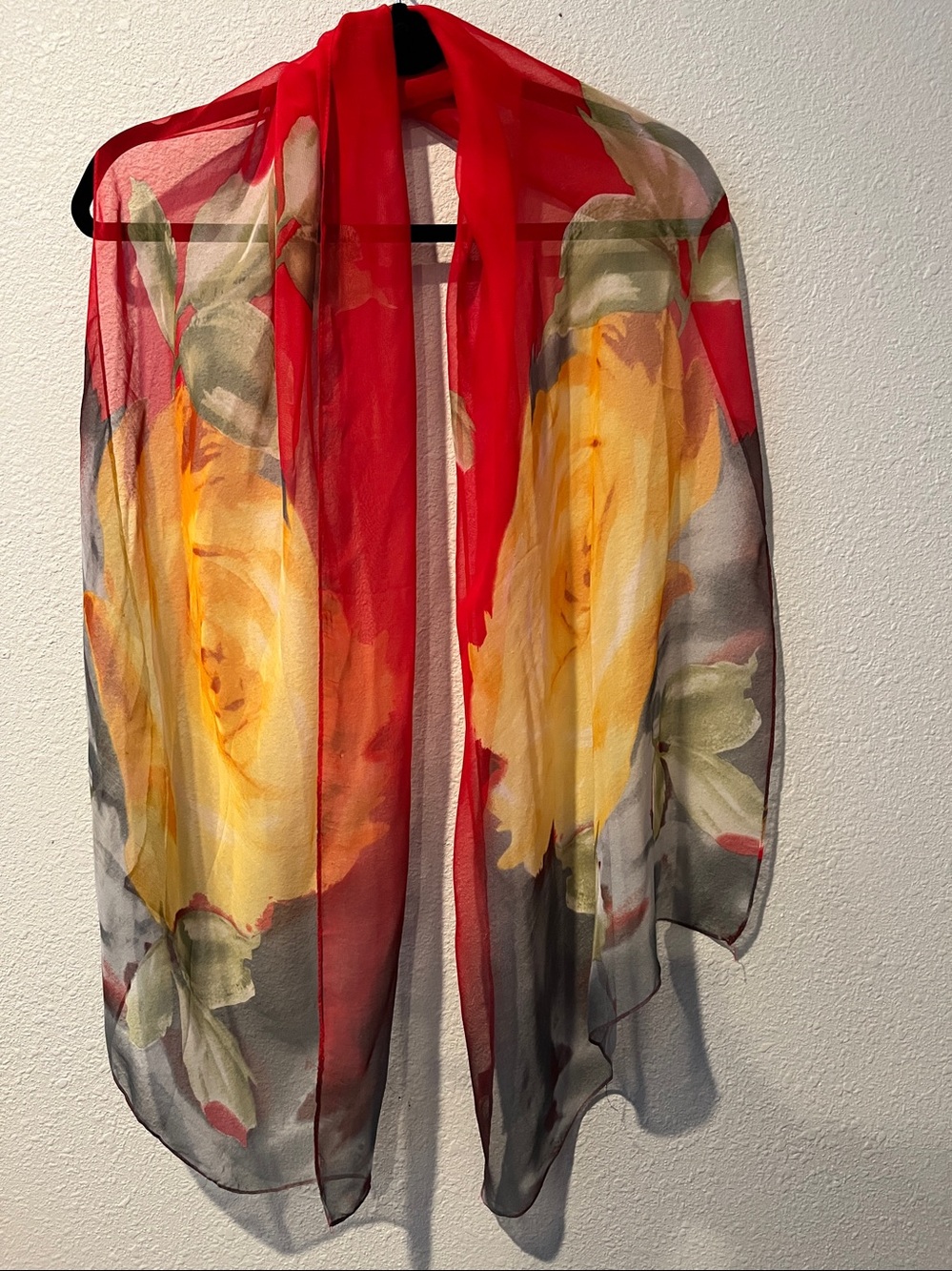 Red Floral Sheer Scarf with Yellow & Green florals.
Silk-Feel  fabric
20”x62”